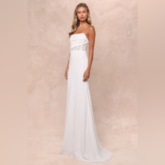 Lulus - Avowed Adoration White Sheer Lace Pleated Strapless Maxi Dress - Picture 1 of 5